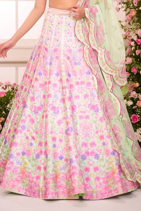 Shop_Label Priyanka Kar_Pink Satin Beads, Crystals, Embroidery Ombre Garden Printed Lehenga Set _Online_at_Aza_Fashions