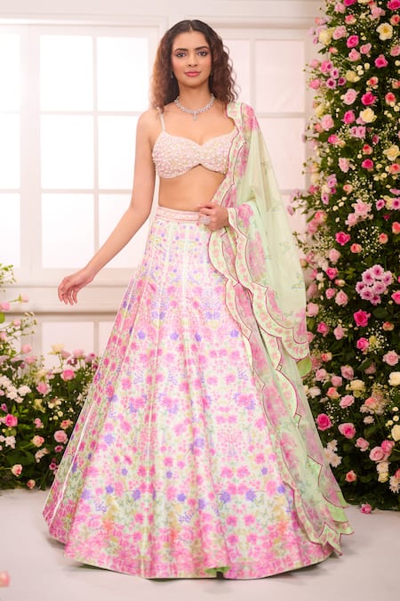 Label Priyanka Kar_Pink Satin Beads, Crystals, Embroidery Ombre Garden Printed Lehenga Set _at_Aza_Fashions
