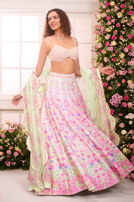Buy_Label Priyanka Kar_Pink Satin Beads, Crystals, Embroidery Ombre Garden Printed Lehenga Set 