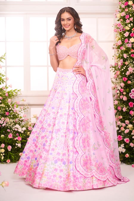 Label Priyanka Kar_Pink Satin Beads, Crystals, Sequins, Embroidery Floral Hand Lehenga Set _at_Aza_Fashions