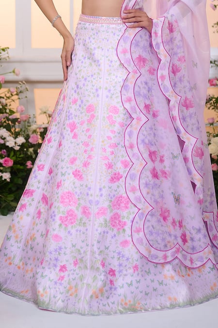 Buy_Label Priyanka Kar_White Satin, Organza Beads, Crystals Floral Hand Embroidered Lehenga Set _Online_at_Aza_Fashions