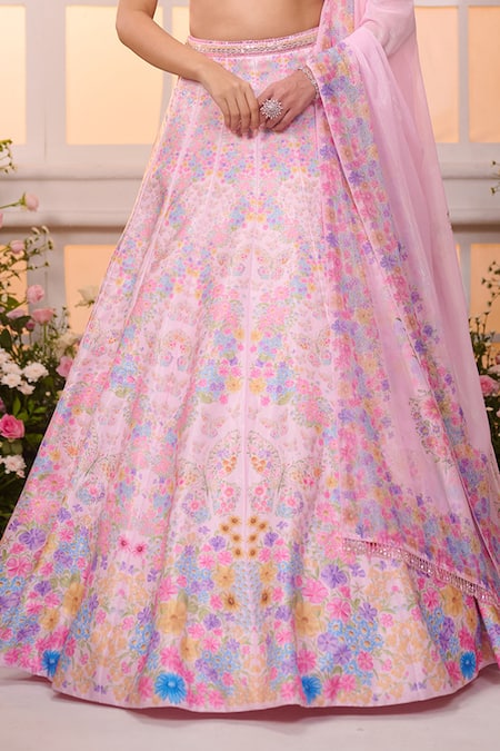 Buy_Label Priyanka Kar_Pink Satin Beads, Crystals, Embroidery Sweetheart Neck Floral Hand Lehenga Set _Online_at_Aza_Fashions