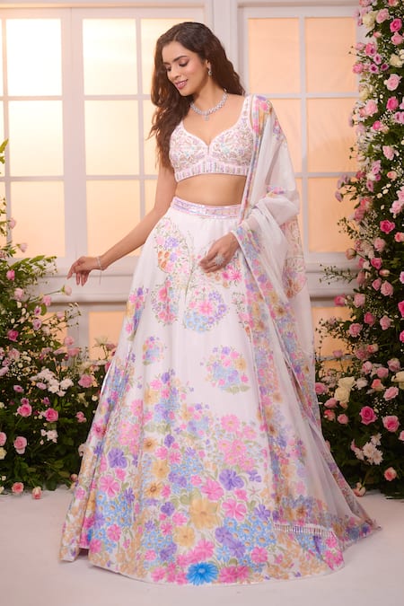 Buy_Label Priyanka Kar_White Satin Beads, Crystals, Sequins, Foil Garden Hand Embroidered Lehenga Set _Online_at_Aza_Fashions