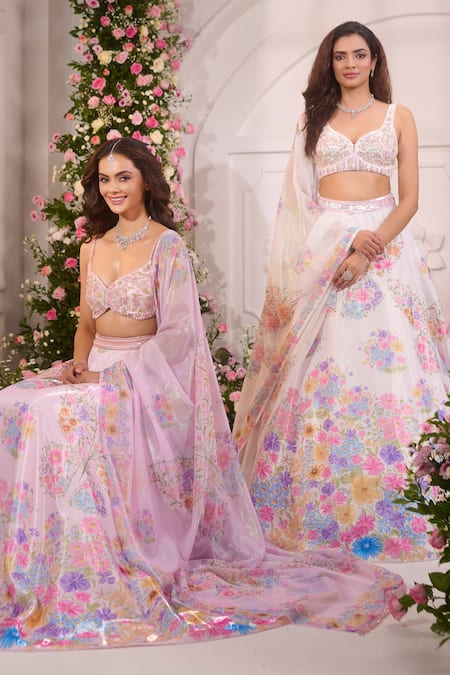 Shop_Label Priyanka Kar_White Satin Beads, Crystals, Sequins, Foil Garden Hand Embroidered Lehenga Set _Online_at_Aza_Fashions