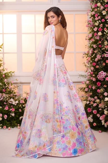 Label Priyanka Kar Garden Print Hand Embroidered Lehenga Set 