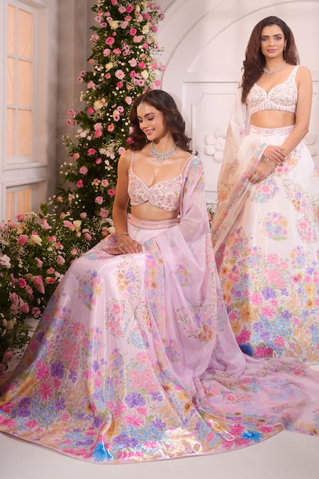 Buy_Label Priyanka Kar_White Satin Beads, Crystals, Sequins, Foil Garden Hand Embroidered Lehenga Set 