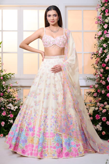 Label Priyanka Kar_Off White Satin Beads, Crystals, Embroidery, Sequins Garden Printed Lehenga Set _at_Aza_Fashions