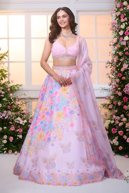 Shop_Label Priyanka Kar_Pink Satin Beads, Crystals, Embroidery Sweetheart Floral Printed Lehenga Set  _Online_at_Aza_Fashions