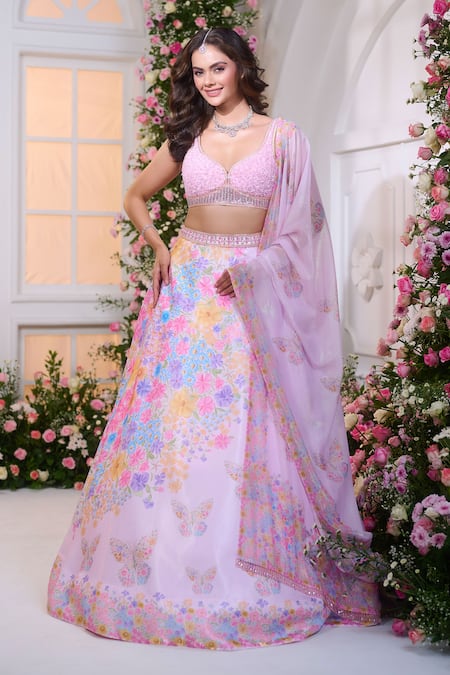 Label Priyanka Kar_Pink Satin Beads, Crystals, Embroidery Sweetheart Floral Printed Lehenga Set  _at_Aza_Fashions