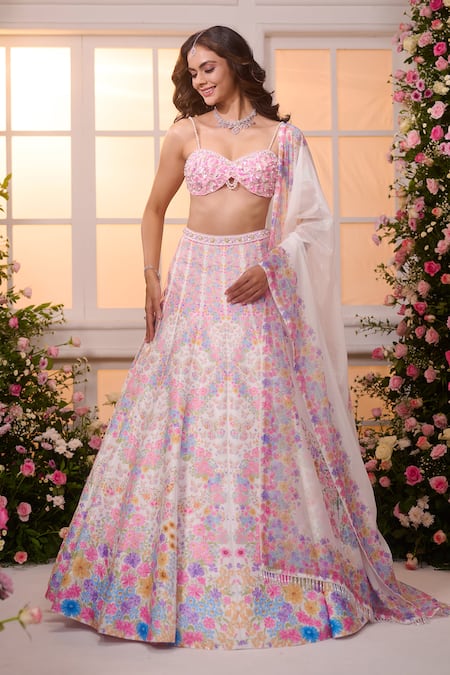 Shop_Label Priyanka Kar_Ivory Satin Beads, Crystals, Embroidery, Fringe Floral Hand Lehenga Set _Online_at_Aza_Fashions