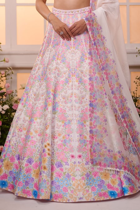 Label Priyanka Kar_Ivory Satin Beads, Crystals, Embroidery, Fringe Floral Hand Lehenga Set _at_Aza_Fashions