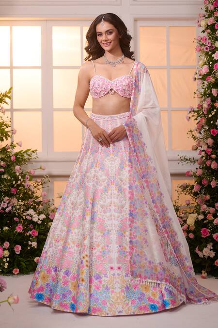 Buy_Label Priyanka Kar_Ivory Satin Beads, Crystals, Embroidery, Fringe Floral Hand Lehenga Set 