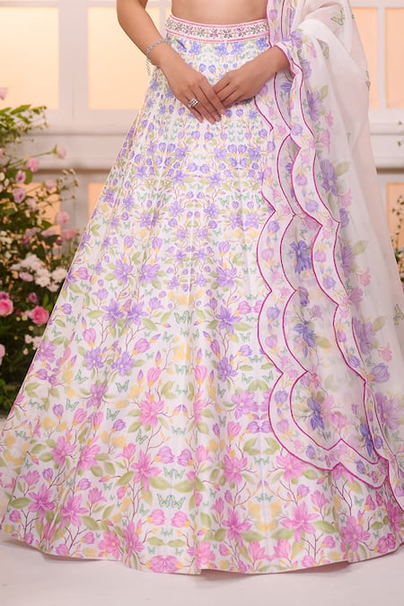 Shop_Label Priyanka Kar_White Satin Beads, Crystals, Embroidery Sweetheart Neck Floral Hand Lehenga Set _Online_at_Aza_Fashions