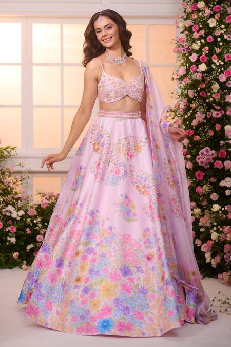 Shop_Label Priyanka Kar_Pink Satin Beads, Crystals, Embroidery, Sequins Floral Hand Lehenga Blouse Set _Online_at_Aza_Fashions