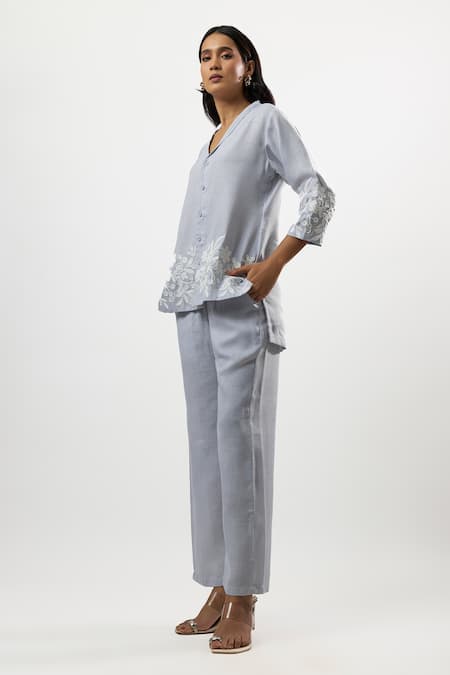 Linera_Blue Linen Embroidery V-neck, Collared Shirt And Pant Set _Online_at_Aza_Fashions