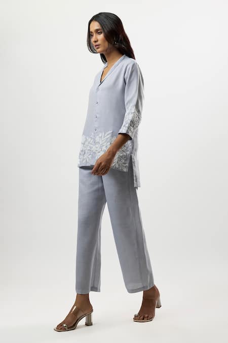 Buy_Linera_Blue Linen Embroidery V-neck, Collared Shirt And Pant Set _Online_at_Aza_Fashions