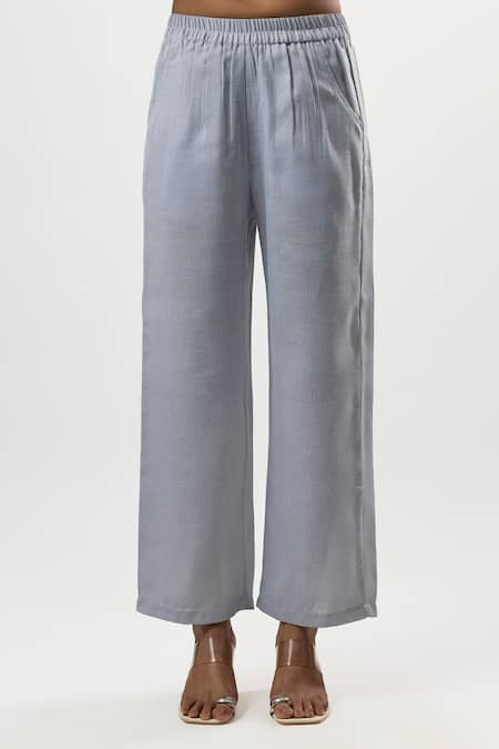 Shop_Linera_Blue Linen Embroidery V-neck, Collared Shirt And Pant Set _Online_at_Aza_Fashions