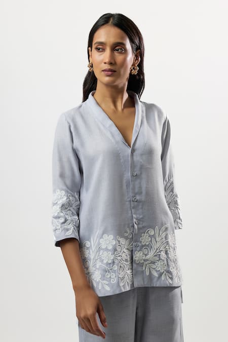 Linera_Blue Linen Embroidery V-neck, Collared Shirt And Pant Set _at_Aza_Fashions