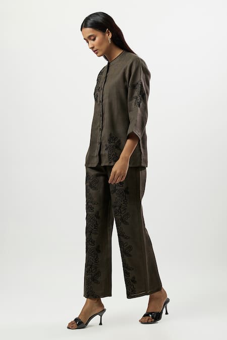 Linera_Olive Green Linen Embroidery Collared Shirt With Pant _Online_at_Aza_Fashions