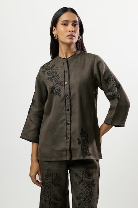 Linera_Olive Green Linen Embroidery Collared Shirt With Pant _at_Aza_Fashions