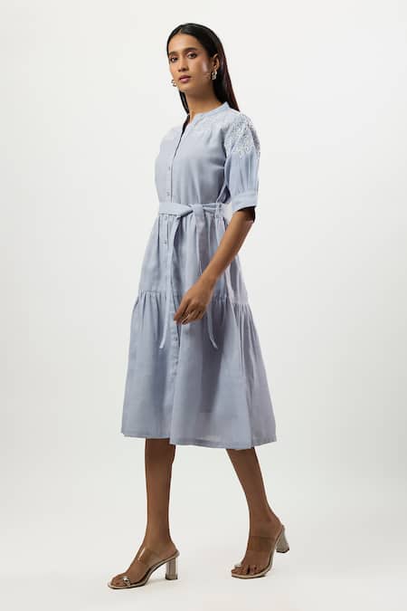 Linera_Blue Linen Embroidery Mandarin Collar, Split V-neck Cord Tiered Dress _Online_at_Aza_Fashions