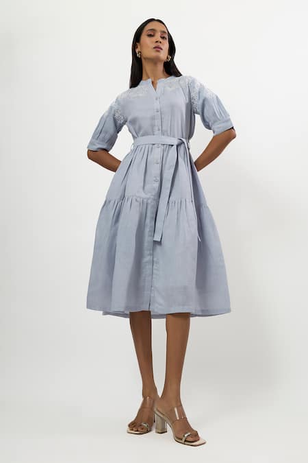 Buy_Linera_Blue Linen Embroidery Mandarin Collar, Split V-neck Cord Tiered Dress _Online_at_Aza_Fashions
