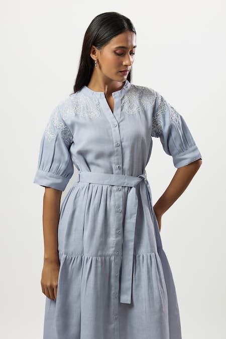 Shop_Linera_Blue Linen Embroidery Mandarin Collar, Split V-neck Cord Tiered Dress _Online_at_Aza_Fashions