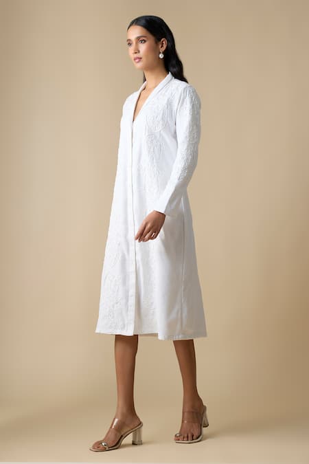 Linera_White Linen Embroidery Collared, V-neck Blend Cording Dress _Online_at_Aza_Fashions