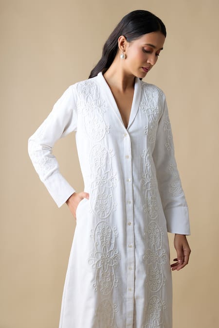 Buy_Linera_White Linen Embroidery Collared, V-neck Blend Cording Dress _Online_at_Aza_Fashions