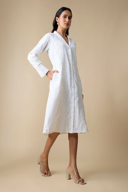 Shop_Linera_White Linen Embroidery Collared, V-neck Blend Cording Dress _Online_at_Aza_Fashions