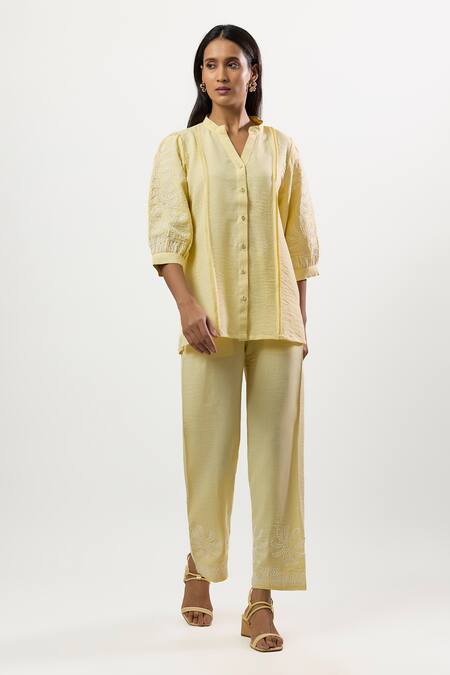 Linera_Yellow Linen Embroidery Collared, V-neck Turkish Shirt And Pant Set _Online_at_Aza_Fashions