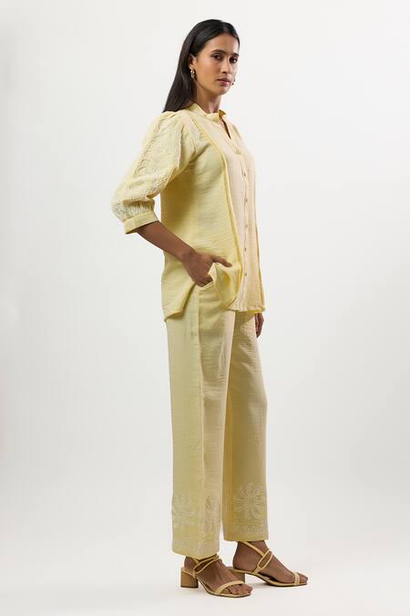 Buy_Linera_Yellow Linen Embroidery Collared, V-neck Turkish Shirt And Pant Set _Online_at_Aza_Fashions