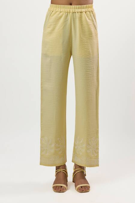 Shop_Linera_Yellow Linen Embroidery Collared, V-neck Turkish Shirt And Pant Set _Online_at_Aza_Fashions
