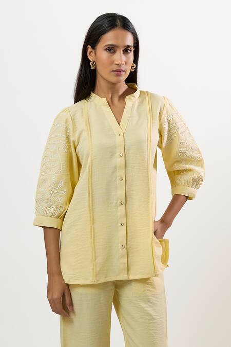 Linera_Yellow Linen Embroidery Collared, V-neck Turkish Shirt And Pant Set _at_Aza_Fashions