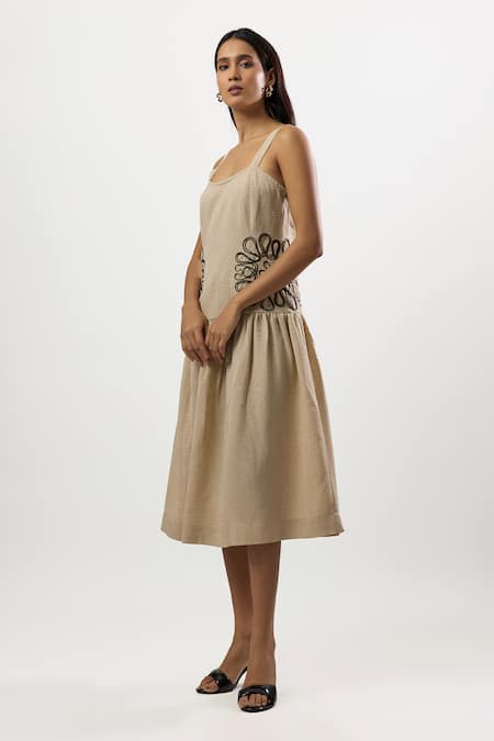 Linera_Beige Linen Embroidery Square Neck Turkish Drop Waist Dress _Online_at_Aza_Fashions