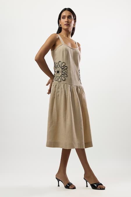 Buy_Linera_Beige Linen Embroidery Square Neck Turkish Drop Waist Dress _Online_at_Aza_Fashions