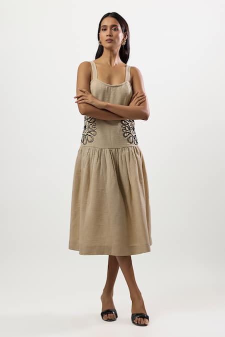 Linera Embroidered Turkish Linen Drop Waist Dress 