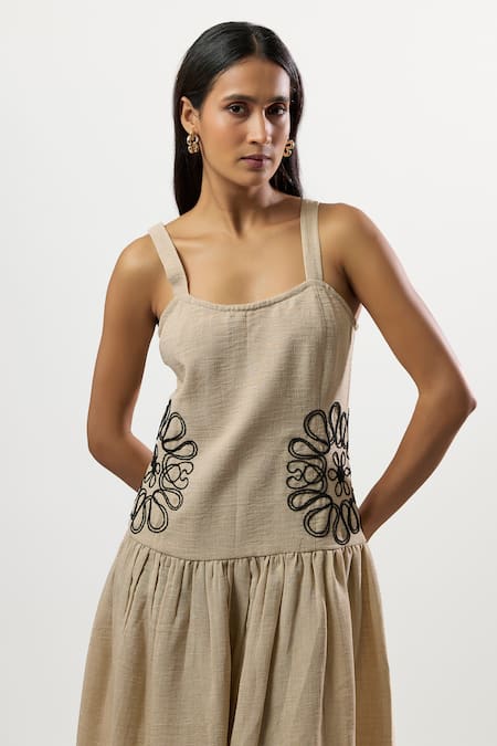 Shop_Linera_Beige Linen Embroidery Square Neck Turkish Drop Waist Dress _Online_at_Aza_Fashions
