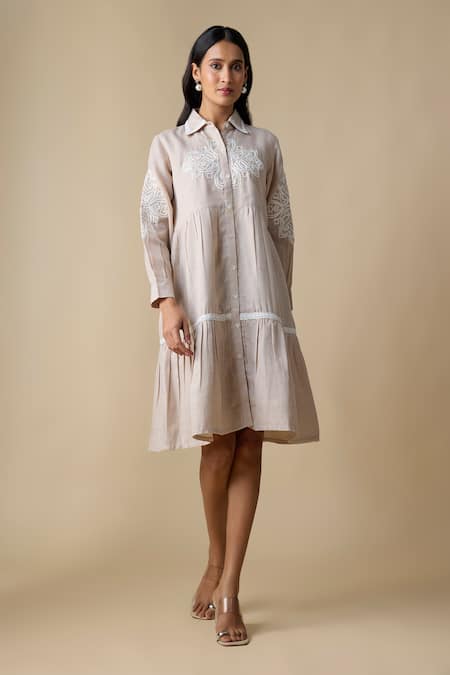 Linera Embroidered Linen Blend Shirt Dress 