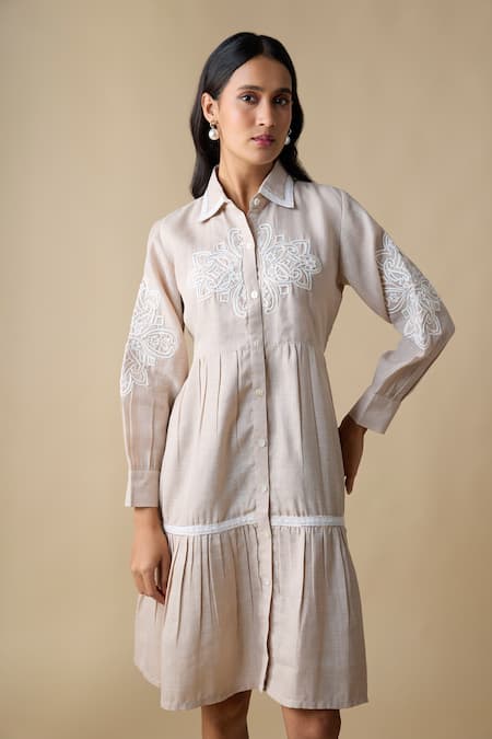 Linera_Beige Linen Embroidery Collared, Button-down Neck Blend Shirt Dress _Online_at_Aza_Fashions