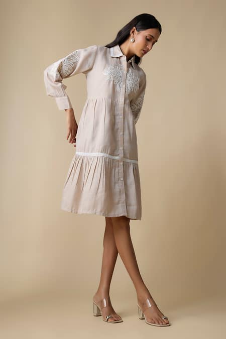 Buy_Linera_Beige Linen Embroidery Collared, Button-down Neck Blend Shirt Dress _Online_at_Aza_Fashions