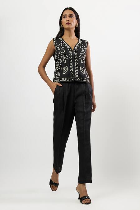 Linera_Black Linen Embroidery V-neck Waistcoat And Pant Set _Online_at_Aza_Fashions