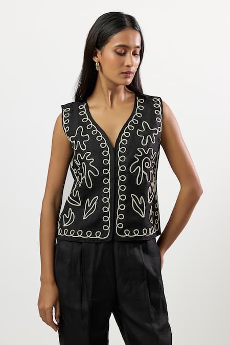 Buy_Linera_Black Linen Embroidery V-neck Waistcoat And Pant Set _Online_at_Aza_Fashions