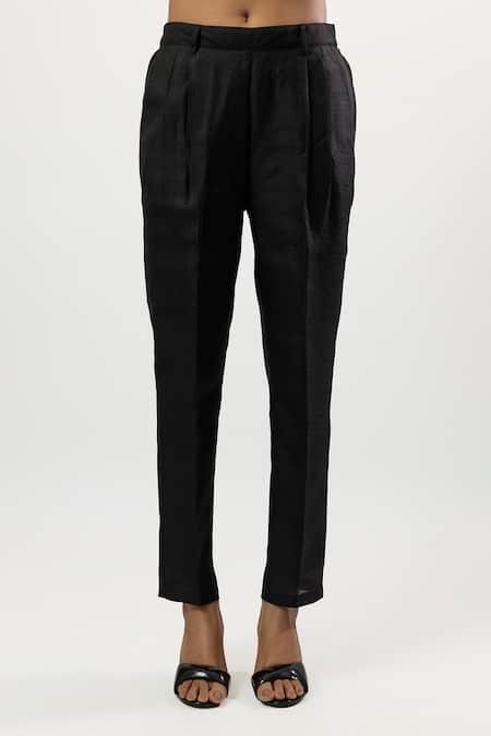 Shop_Linera_Black Linen Embroidery V-neck Waistcoat And Pant Set _Online_at_Aza_Fashions