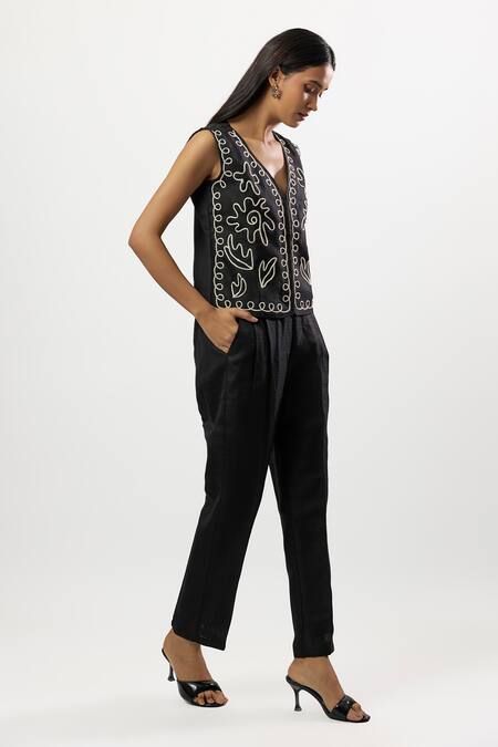 Linera_Black Linen Embroidery V-neck Waistcoat And Pant Set _at_Aza_Fashions