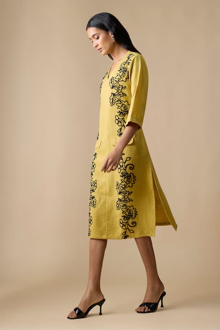 Linera_Yellow Linen Embroidery V-neck Dress _Online_at_Aza_Fashions