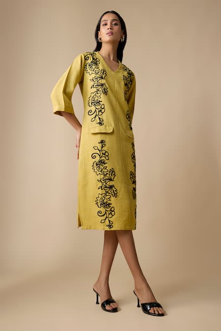 Buy_Linera_Yellow Linen Embroidery V-neck Dress _Online_at_Aza_Fashions