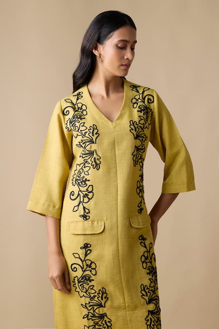 Shop_Linera_Yellow Linen Embroidery V-neck Dress _Online_at_Aza_Fashions