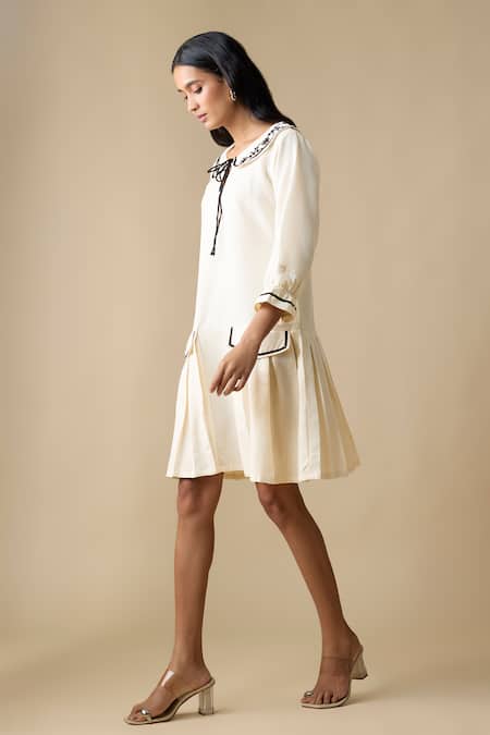 Linera_White Linen Embroidery Collared Peter Pan Pleated Dress _Online_at_Aza_Fashions