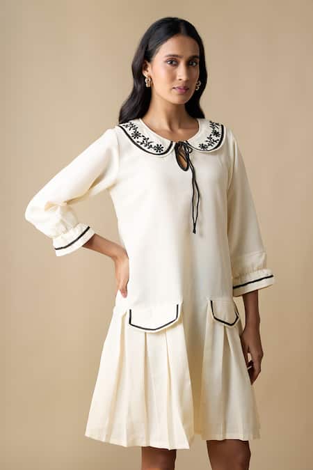 Buy_Linera_White Linen Embroidery Collared Peter Pan Pleated Dress _Online_at_Aza_Fashions